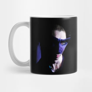 Portrait, digital collage and special processing. Face. Guy in mask. Weird. Desaturated colors and blue. Mug